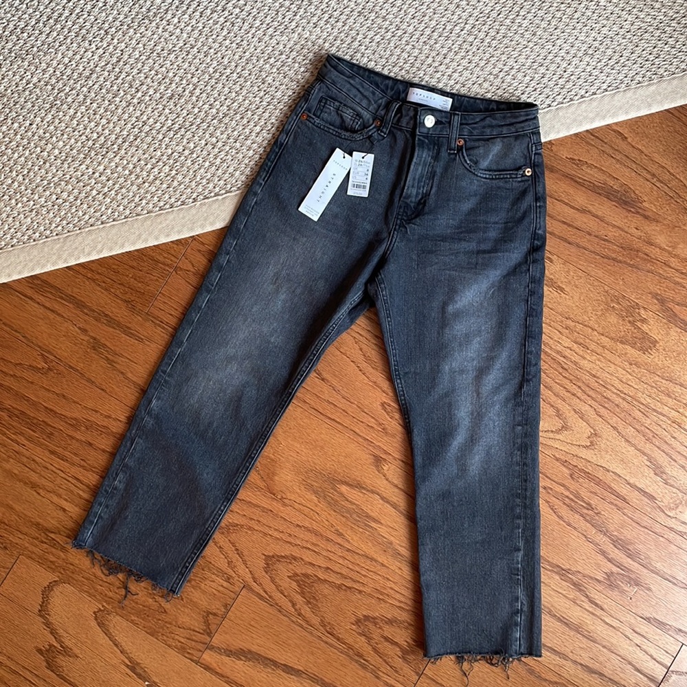 Top shop petite high waisted straight leg faded black jeans